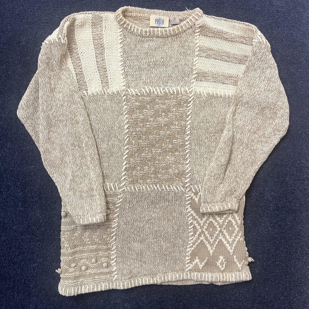 Vintage Pasta Sweater Womens Medium Beige Patchwork Ramie Cotton Knit Pullover